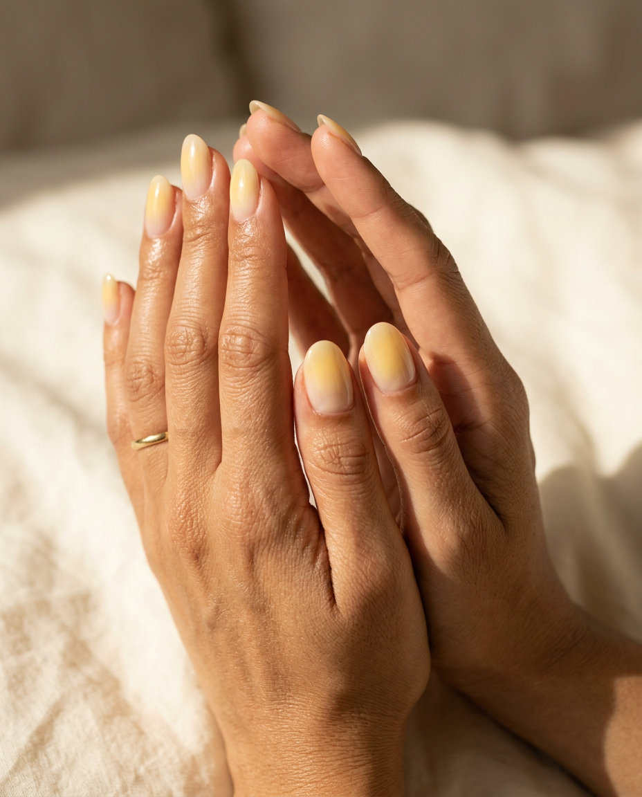 Trendy Summer Nails 2026: Butter Yellow Aura Ombre Butter yellow aura ombre nails in oval shape for trendy summer nails 2026. Whimsical outdoor gathering style.