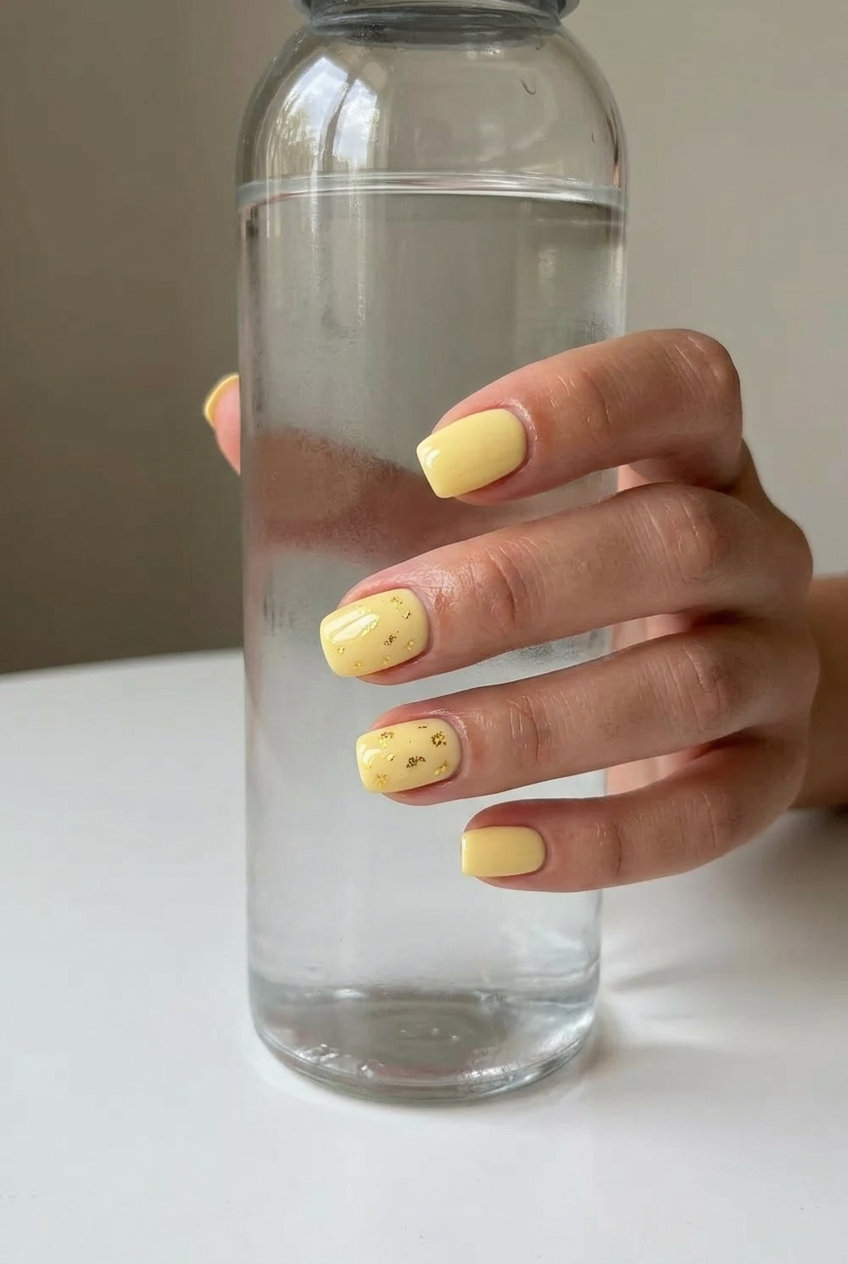 Trendy Summer Nails 2026: Butter Yellow Foil Flake Squares Butter Yellow Foil Flake Squares: Chic trendy summer nails 2026 for daily wear, casual weekends, and work.