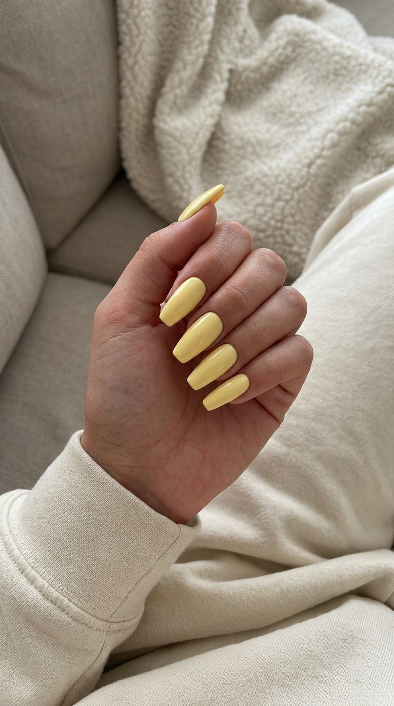 Trendy Summer Nails 2026: Butter Yellow Solid Coffin Butter Yellow Solid Coffin: Playful, radiant trendy summer nails 2026 for vacations, festivals, and casual weekends.