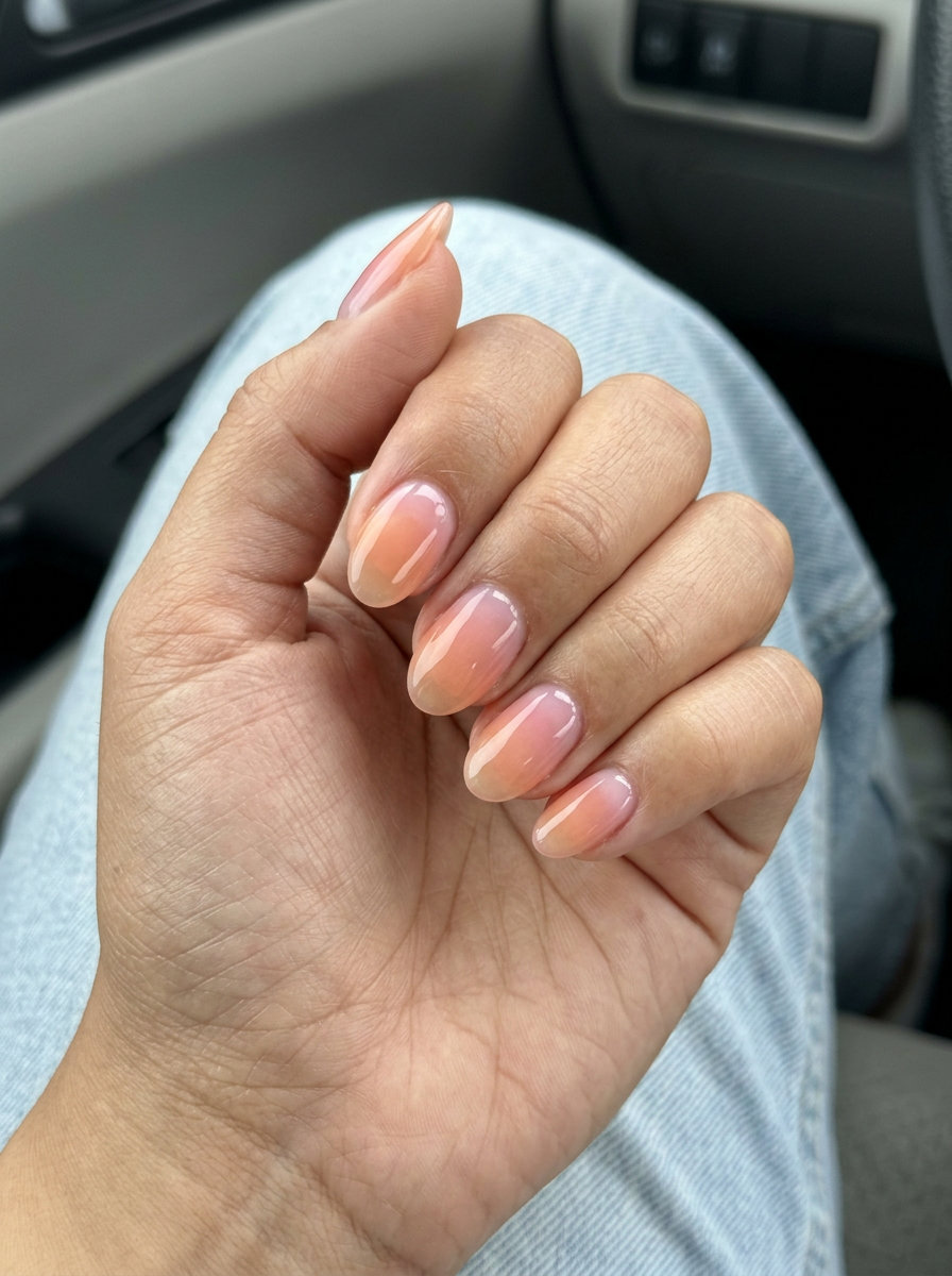 Juicy Jelly Gradient Ovals: Trendy summer nails 2026 in sheer peach and pink for vacation or casual weekends.