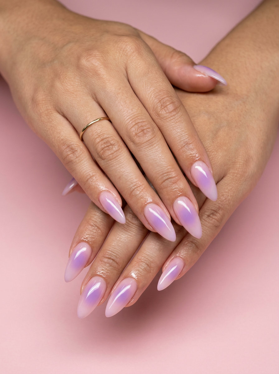 Trendy Summer Nails 2026: Lavender Aura Gradient Stiletto Lavender Aura Gradient Stiletto: Ethereal trendy summer nails 2026 for date nights, evening events, and summer soirées.