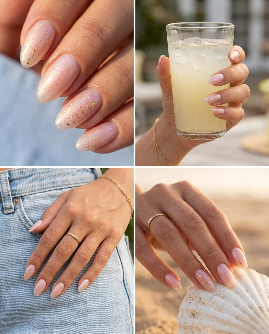 Trendy Summer Nails 2026: Milky Pink & Gold Foil Sheer milky pink nails with gold foil flakes for trendy summer nails 2026. Romantic & elegant bridal shower look.