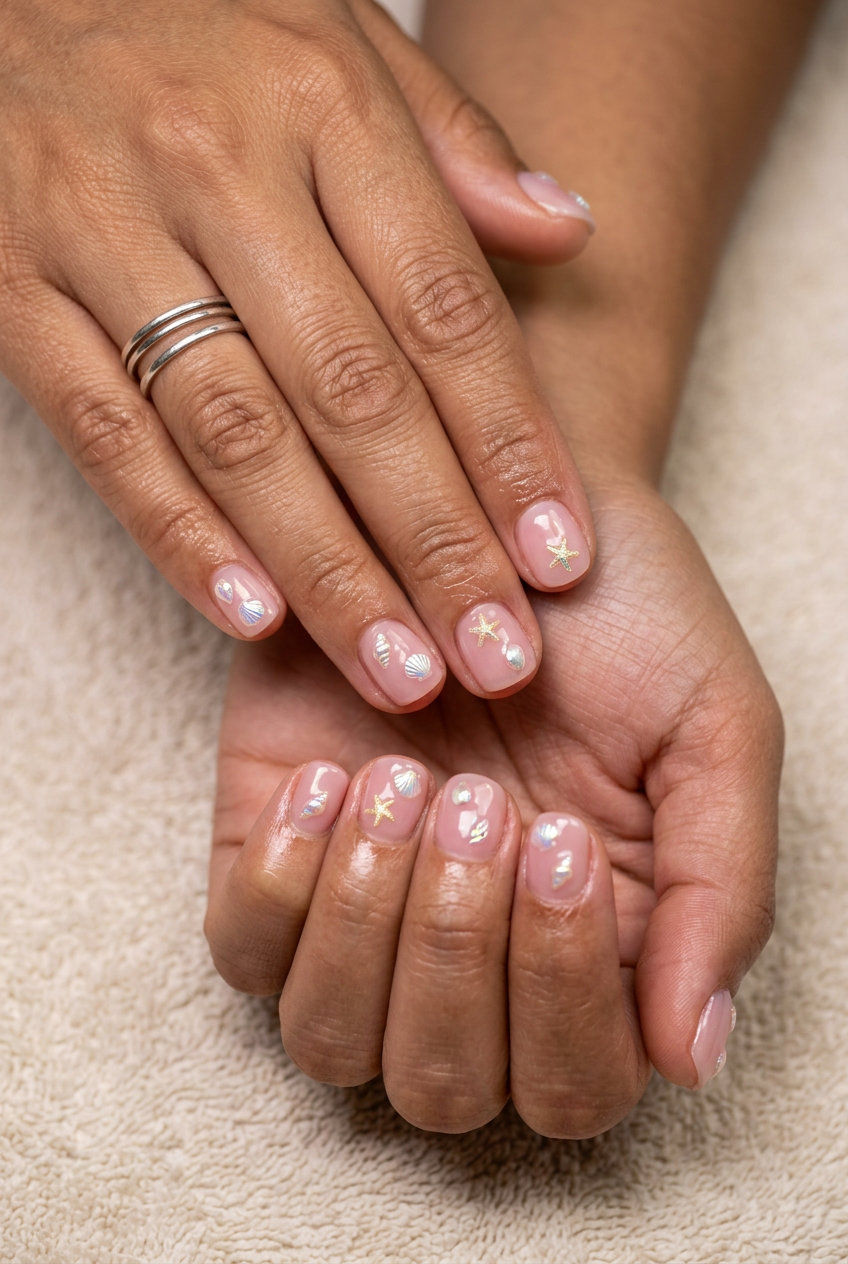 3D Shell Charm Jelly Nails 2026: Beachy Fun Playful 3D shell charm jelly nails in milky pink, a beachy tropical nail design 2026.