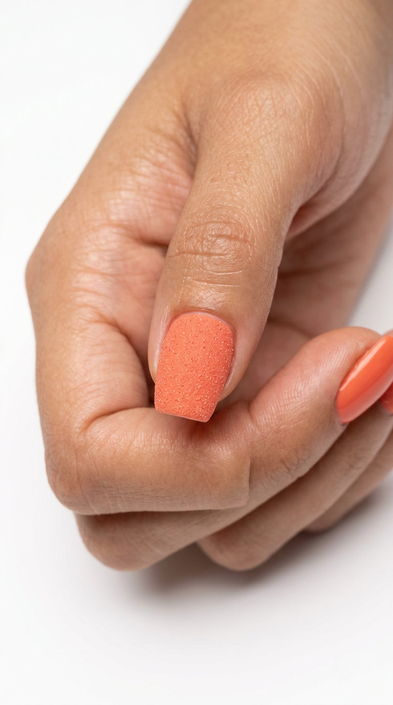 Tropical Nail Designs 2026: Coral Reef Texture Coral reef textured squoval nails for tropical nail designs 2026. Bohemian, artistic, and earthy vacation style.