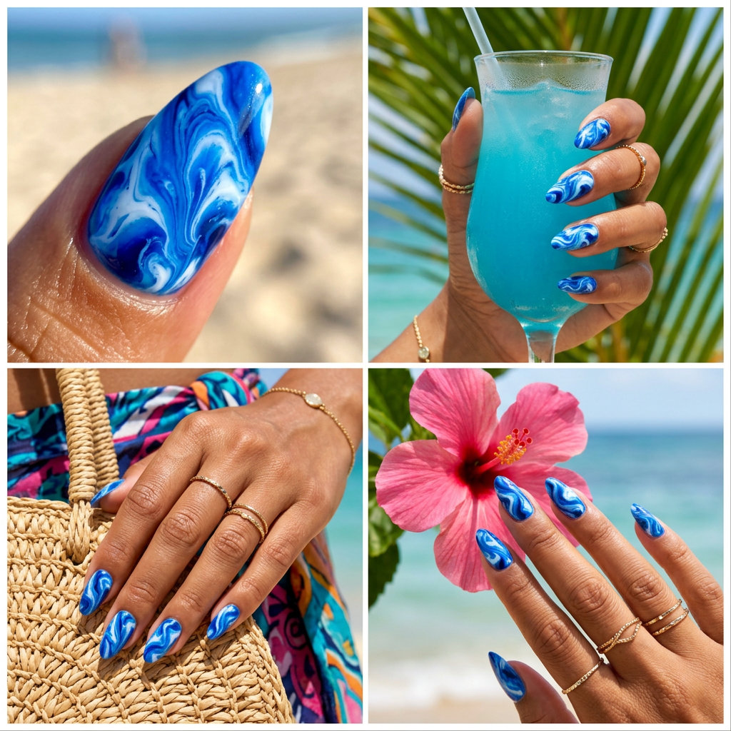 Electric Blue Marble Nails 2026: Date Night Glam Sophisticated electric blue marble almond nails for date night, a chic tropical nail design 2026.