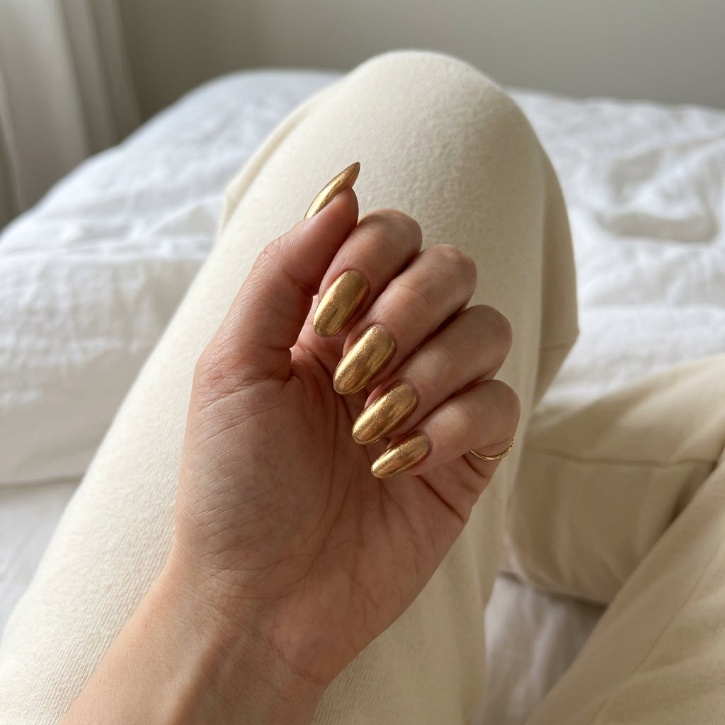 Tropical Nail Designs 2026: Golden Hour Shimmer Golden hour shimmer oval nails for tropical nail designs 2026. Glamorous, radiant, and luxurious evening style.
