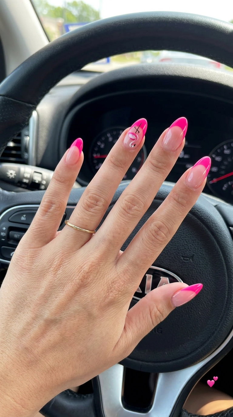 Hot Pink Flamingo French Nails 2026 | Tropical Party Playful hot pink flamingo reverse French nails for parties and getaways, featuring tropical nail designs 2026.