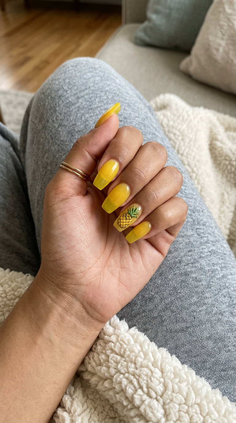 Jelly Pineapple Coffin Nails 2026 | Summer Festival Whimsical jelly pineapple accent coffin nails for festivals and summer parties, part of tropical nail designs 2026.