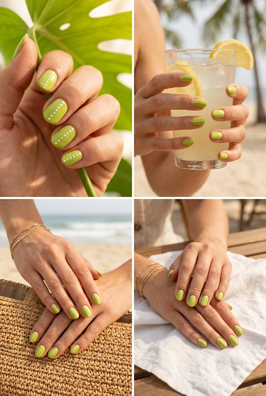 Tropical Nail Designs 2026: Lime Green Dots Lime green dotted lines oval nails for tropical nail designs 2026. Minimalist, fresh, and chic casual style.