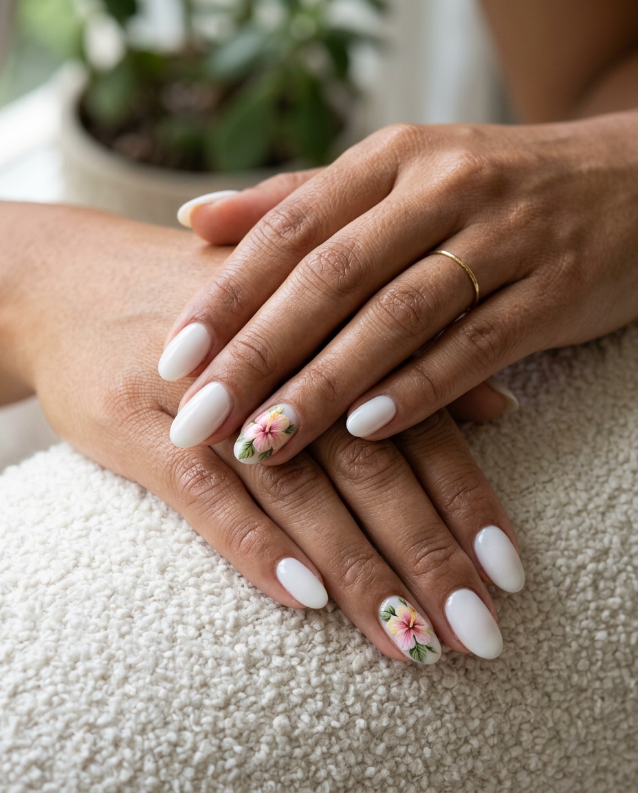 Milky White Hibiscus Nails 2026: Romantic Accent Elegant milky white nails with a hand-painted hibiscus accent, a romantic tropical nail design 2026.