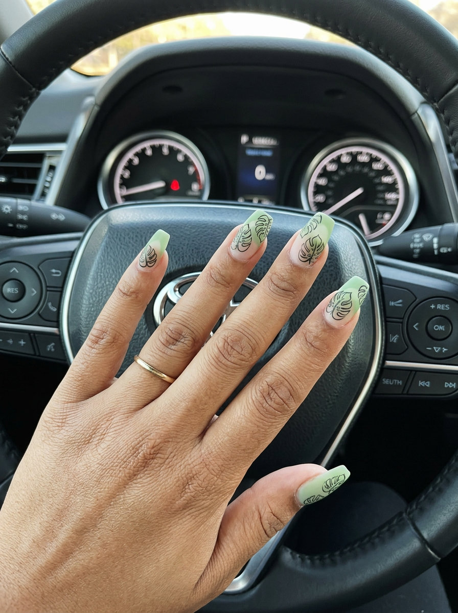 Tropical Nail Designs 2026: Monstera Negative Space Monstera leaf negative space coffin nails for tropical nail designs 2026. Sophisticated, artistic, and chic formal style.