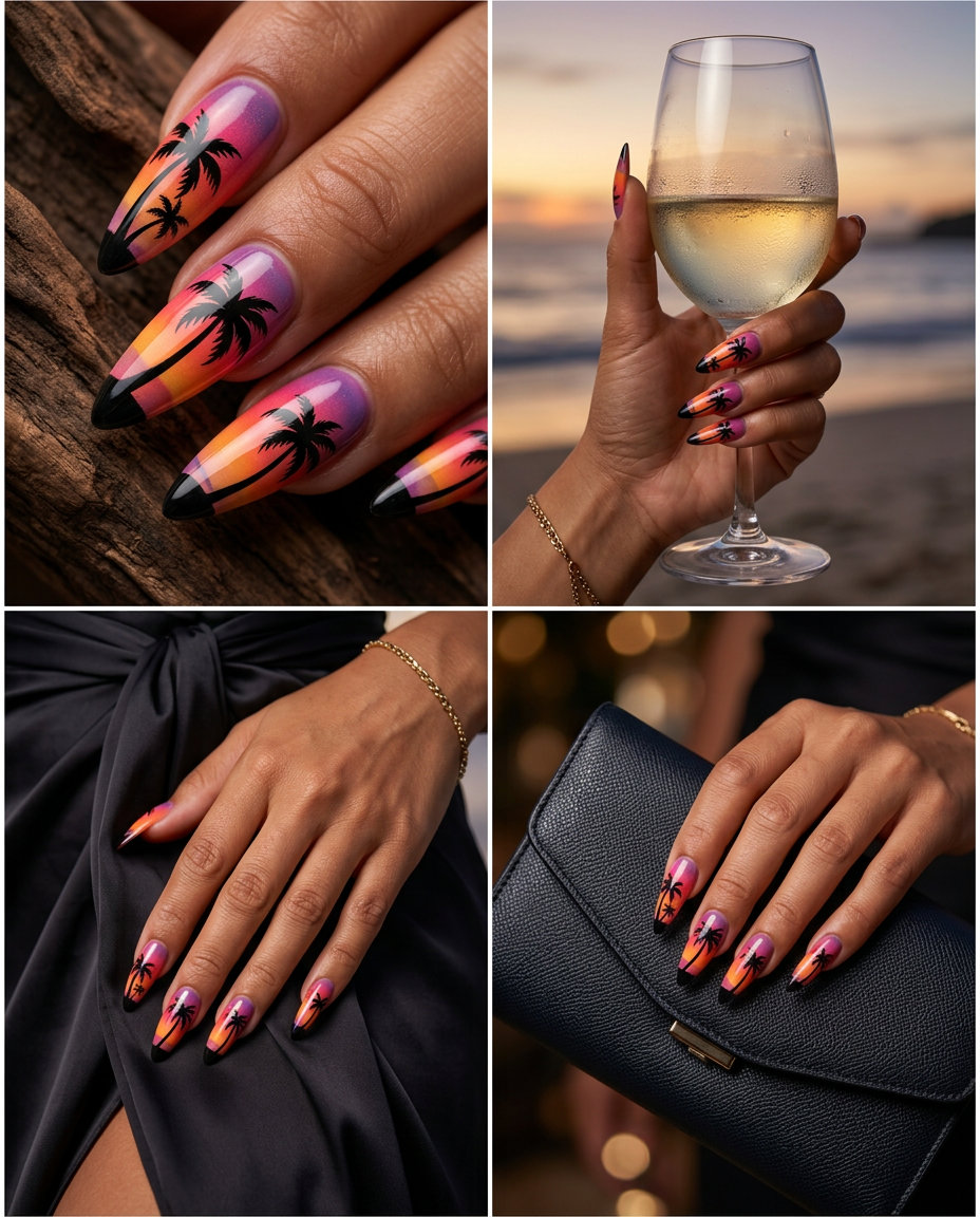 Tropical Nail Designs 2026: Palm Tree Stilettos Palm tree silhouette stiletto nails for tropical nail designs 2026. Sunset gradient with black palm trees.