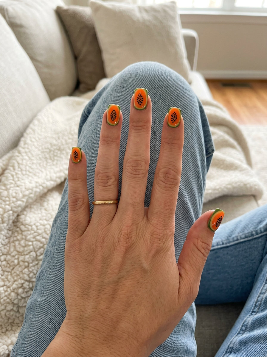 Papaya Slice Nails 2026 | Vacation Fun Papaya Slice French Tip Square nails for vacation, with fruit-inspired art. Tropical nail designs 2026.