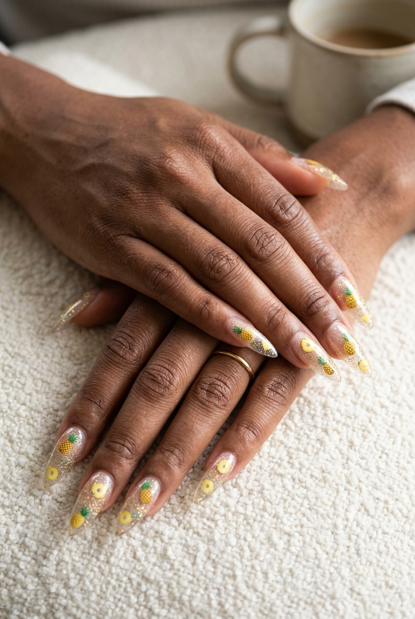 Tropical Nail Designs 2026: Pineapple Glitter Stilettos Pineapple Slice Glitter Stiletto nails for festival and party, featuring clear base, yellow pineapple slices, and gold glitter. Tropical nail designs 2026.