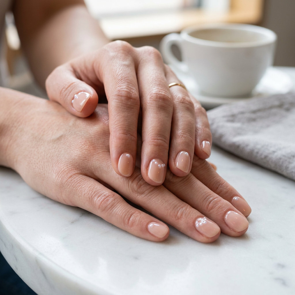 Sheer Nude Pearl Nails 2026: Minimalist Chic Minimalist sheer nude nails with iridescent pearl dots, a clean-girl tropical nail design 2026.