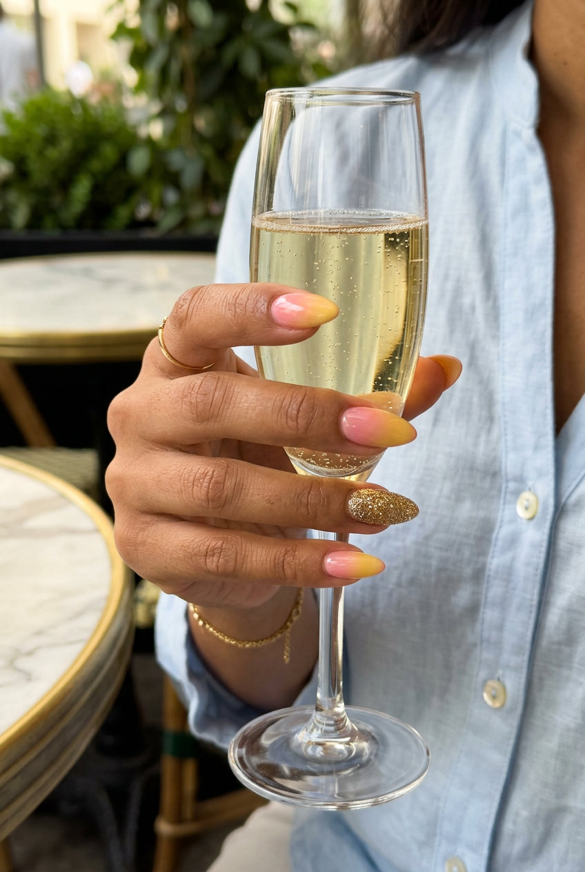 Sunset Glitter Gradient Nails 2026 | Wedding Guest Glam Glamorous sunset gradient glitter accent nails for weddings and parties, showcasing tropical nail designs 2026.