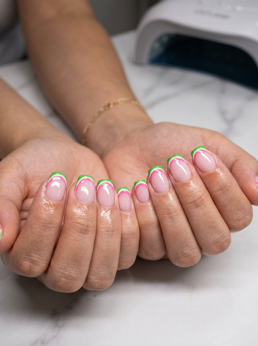 Watermelon Micro French Nails 2026 | Summer Fun Watermelon Slice Micro French nails for summer parties, with fruit-inspired tips. Tropical nail designs 2026.