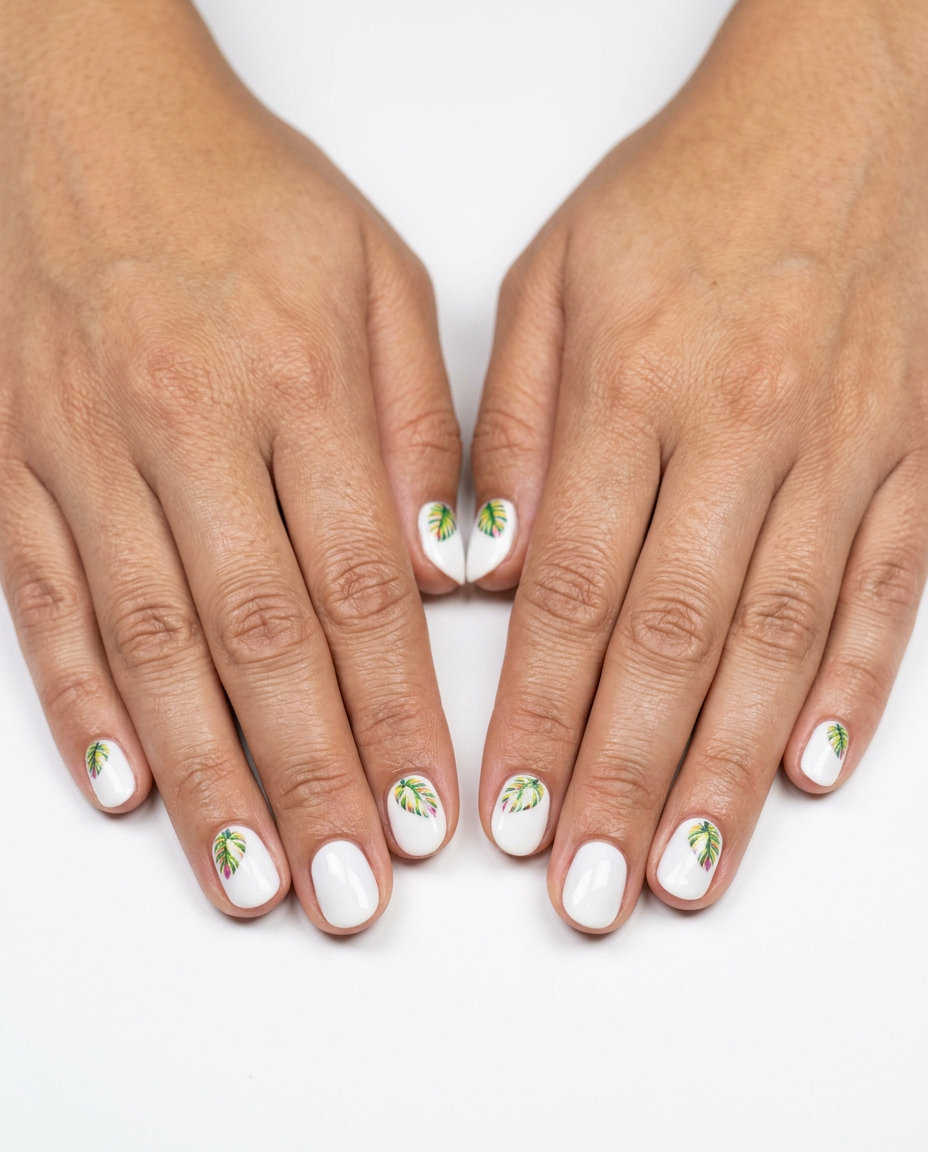 Tropical Nail Designs 2026: White Leaf Decals White tropical leaf decals on short round nails for tropical nail designs 2026. Clean, chic, and minimalist vacation style.
