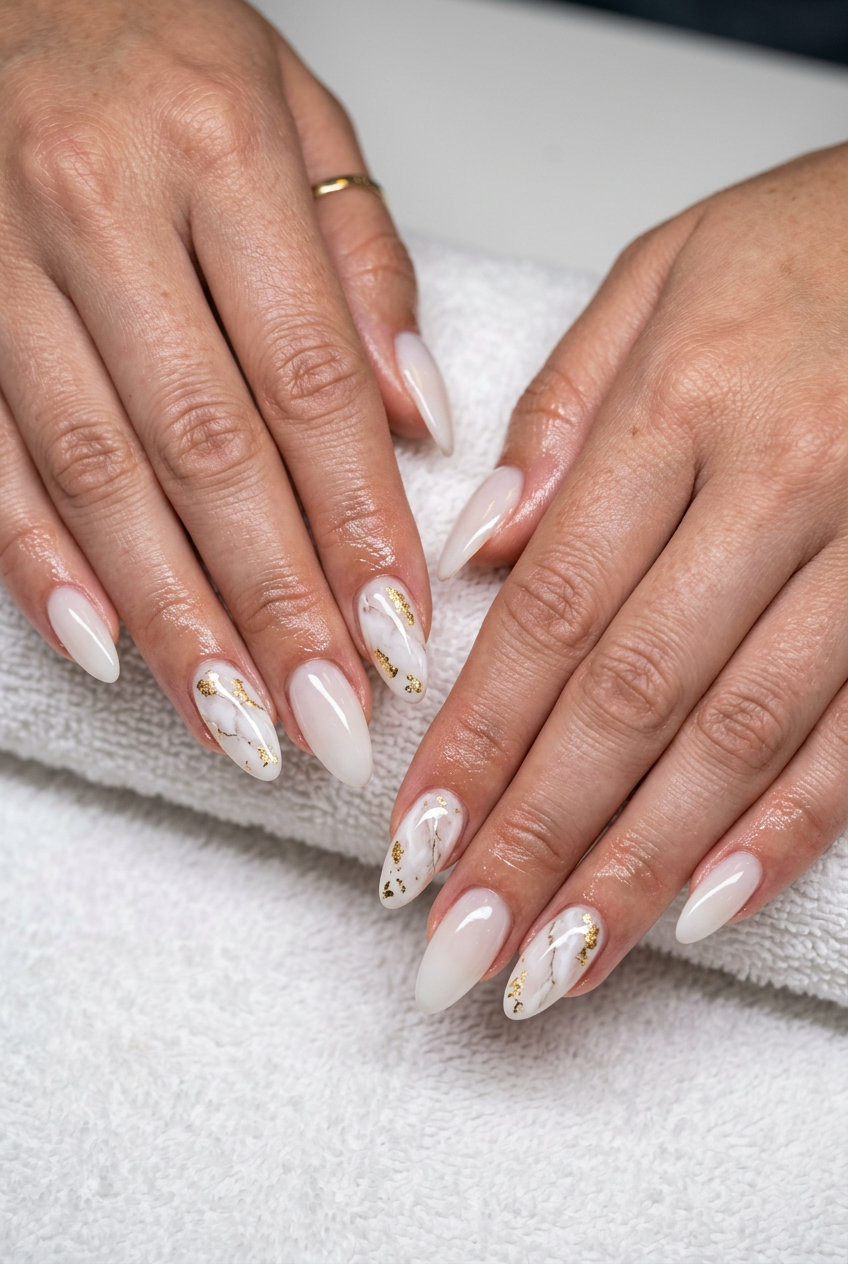 Vacation Nails Summer 2026: Chic Marble Luxe Chic Marble Luxe with Gold Flakes nails for vacation summer 2026: milky white, white veining, gold foil.