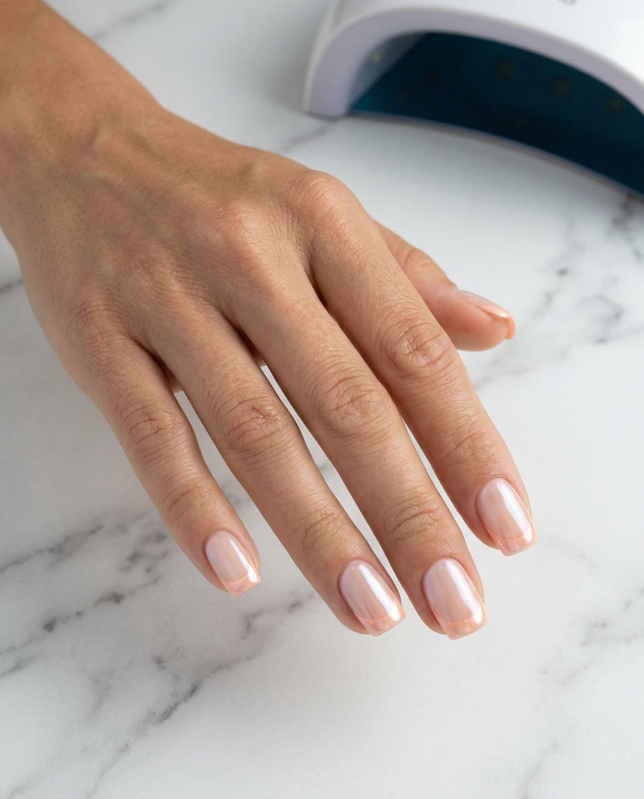 Vacation Nails Summer 2026: Chrome Peach French Tip Chrome Peach French Tip nails for vacation summer 2026: soft peach chrome on sheer natural base.