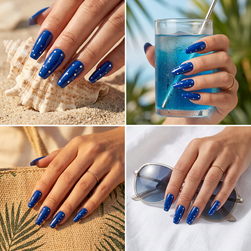 Vacation Nails Summer 2026: Cosmic Cobalt Dots Cosmic Cobalt Dots nails for vacation summer 2026: deep blue with silver metallic accents.