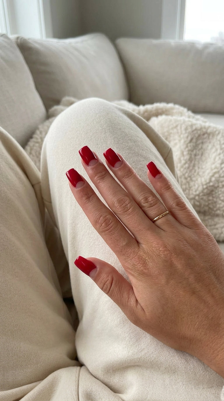 Crimson Moon French Vacation Nails 2026 Crimson red crescent French nails for vacation 2026. Sultry, glamorous, perfect for evenings.