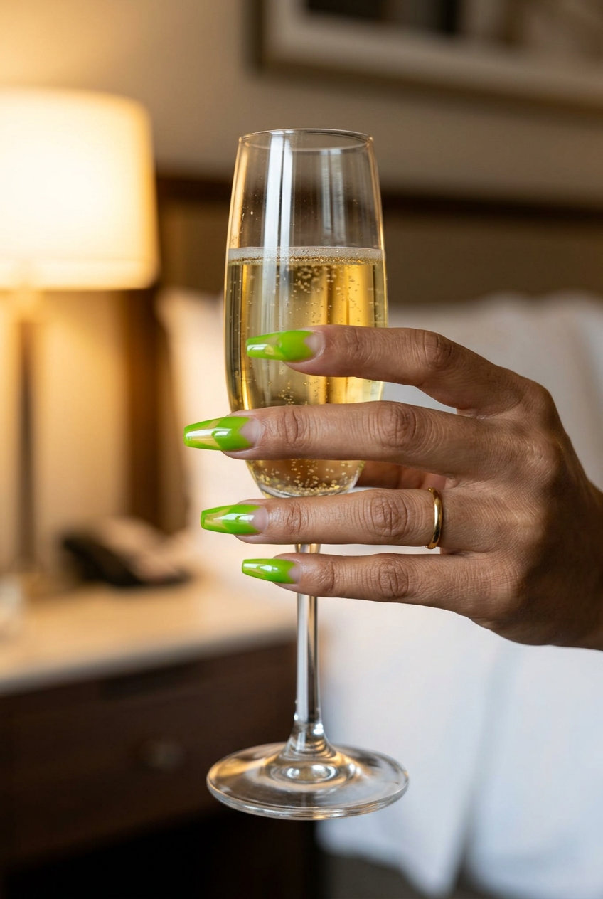 Edgy Jelly Negative Space Vacation Nails 2026 Edgy lime green jelly negative space nails for vacation 2026. Bold, modern, festival-ready.