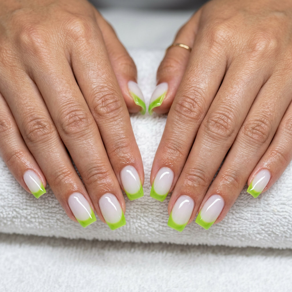 Lime Jelly French Tip Vacation Nails 2026 Electric lime green jelly French tip nails for vacation 2026. Playful, vibrant, beach-ready.