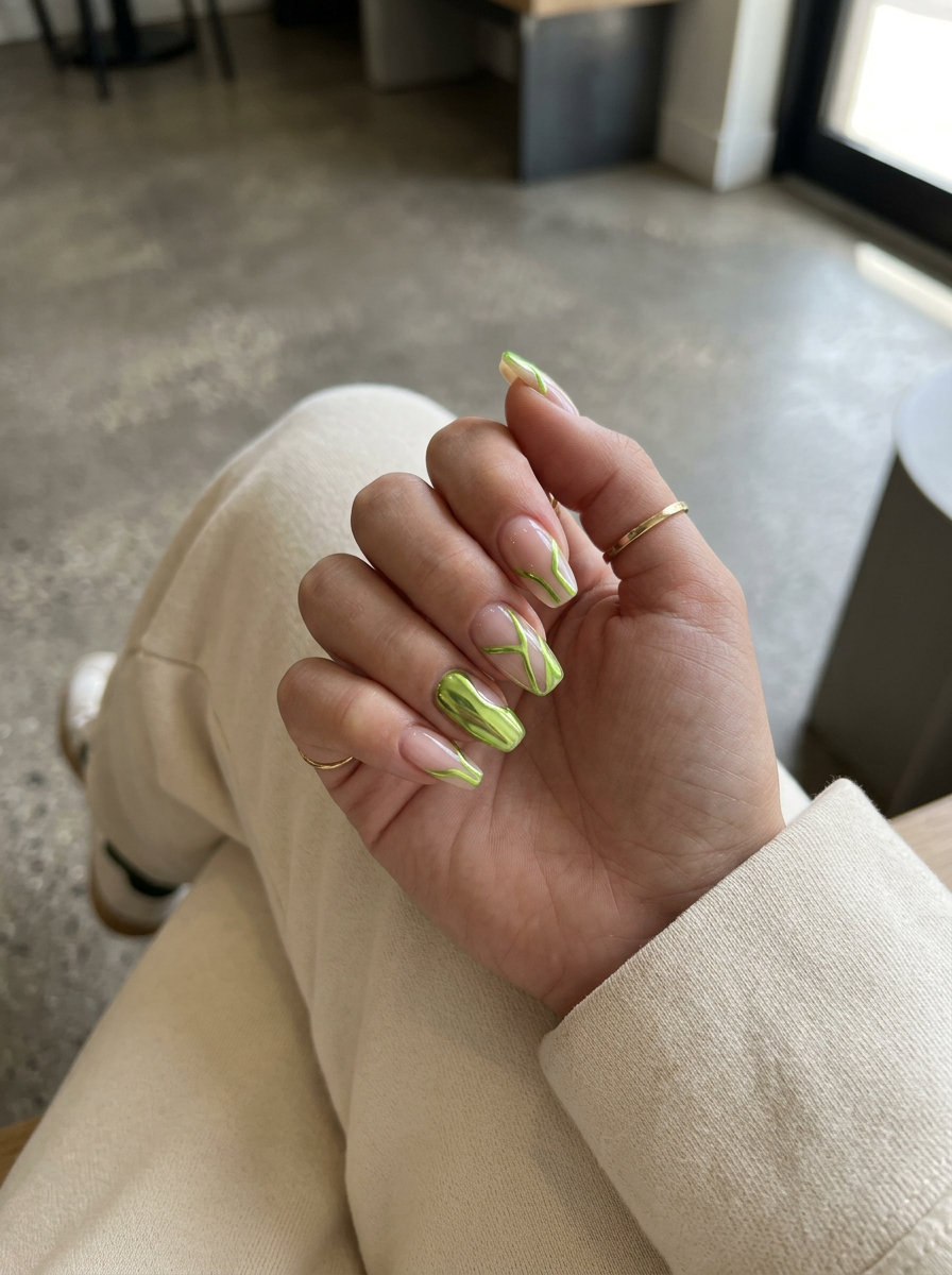 Lime Chrome Line Art Vacation Nails 2026 Lime green chrome line art nails for vacation 2026. Edgy, modern, perfect for festivals.