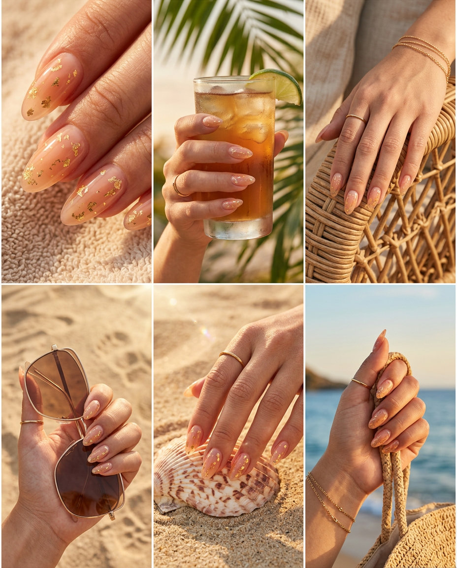 Vacation Nails Summer 2026: Golden Hour Jelly Golden Hour Jelly nails for vacation summer 2026: peach fuzz jelly with scattered gold foil.