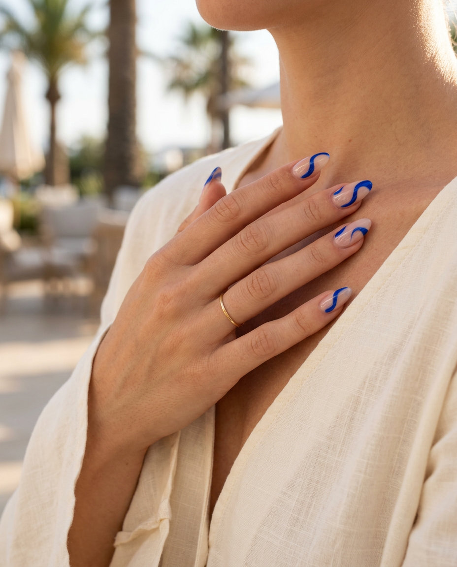 Vacation Nails Summer 2026: Ink Wash Swirls Ink Wash Swirls Negative Space nails for vacation summer 2026: cobalt blue swirls on clear base.