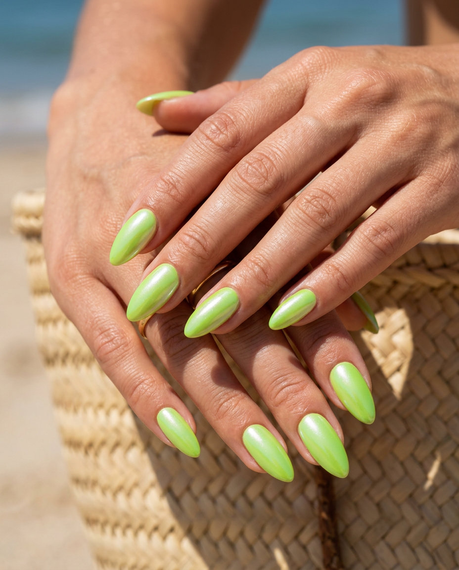 Lime Green Glazed Donut nails for vacation summer 2026: vibrant green with iridescent pearl shift.