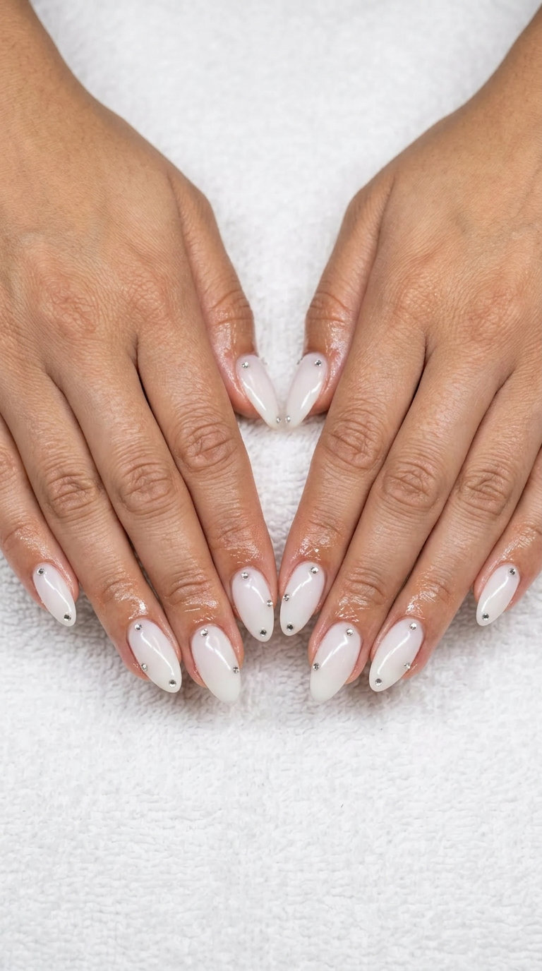 Sparkling Milky White Vacation Nails 2026 Milky white nails with rhinestone accents for vacation 2026. Glamorous, sparkling, resort-ready.