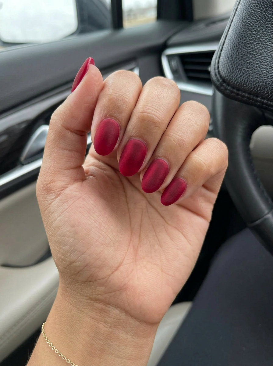Velvet Cherry Matte Vacation Nails 2026 Deep cherry red velvet matte nails for vacation 2026. Sultry, sophisticated, perfect for dinner.