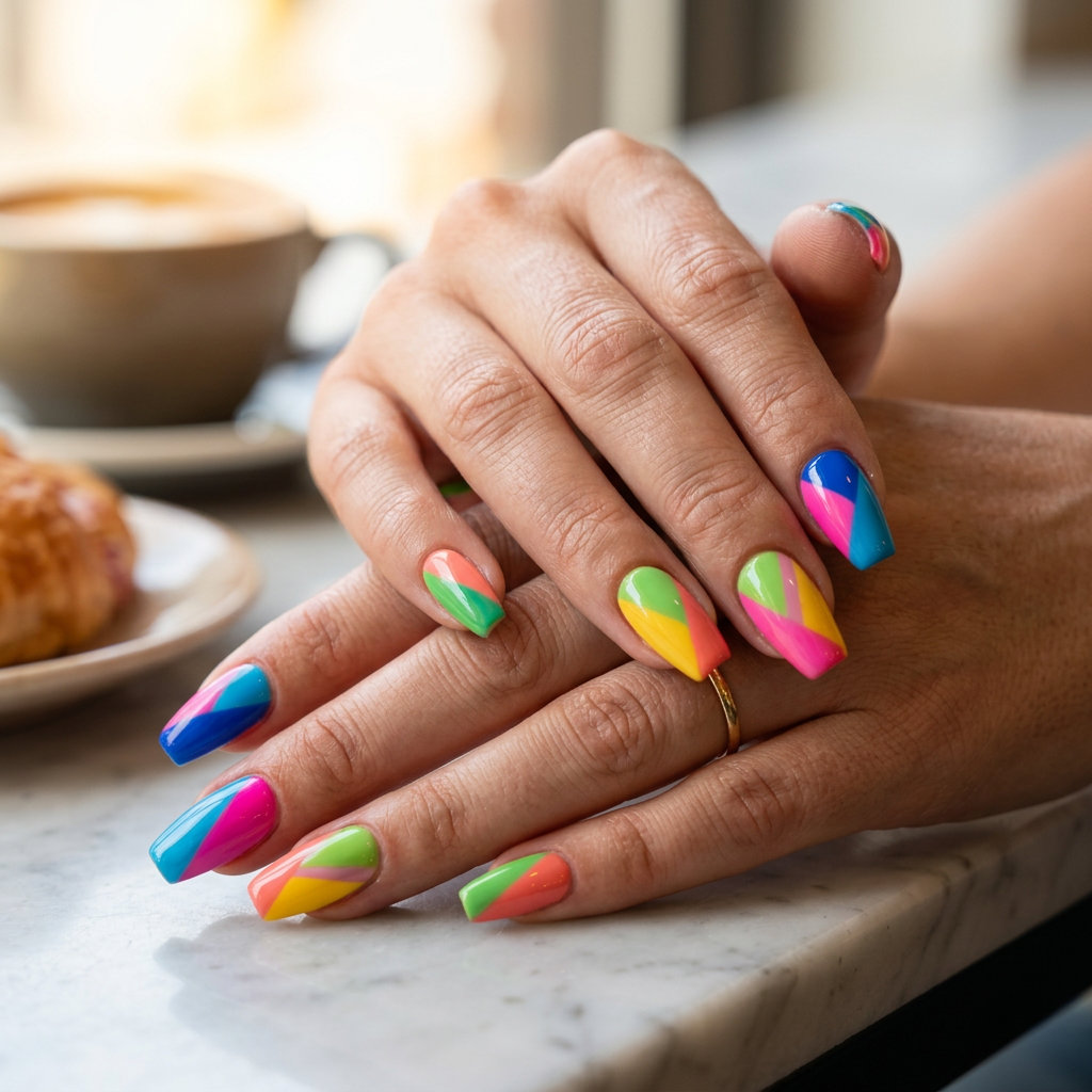 Abstract Color-Block Nails 2026: Festival Fun Abstract color-block coffin nails in vibrant summer colors for vibrant nails summer 2026. Festival ready.