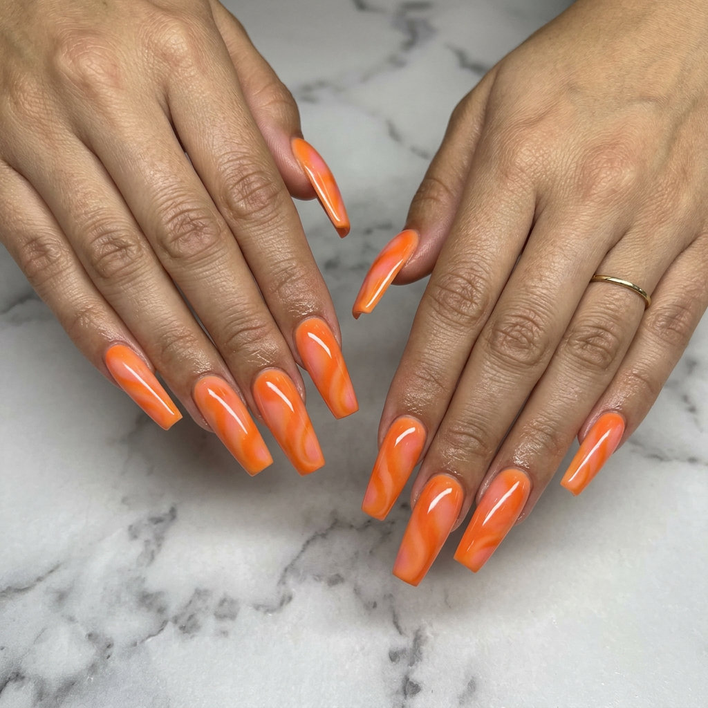 Vibrant Nails Summer 2026: Citrus Airbrush Swirls Vibrant nails summer 2026: Artistic citrus haze airbrush swirls on long almond nails.