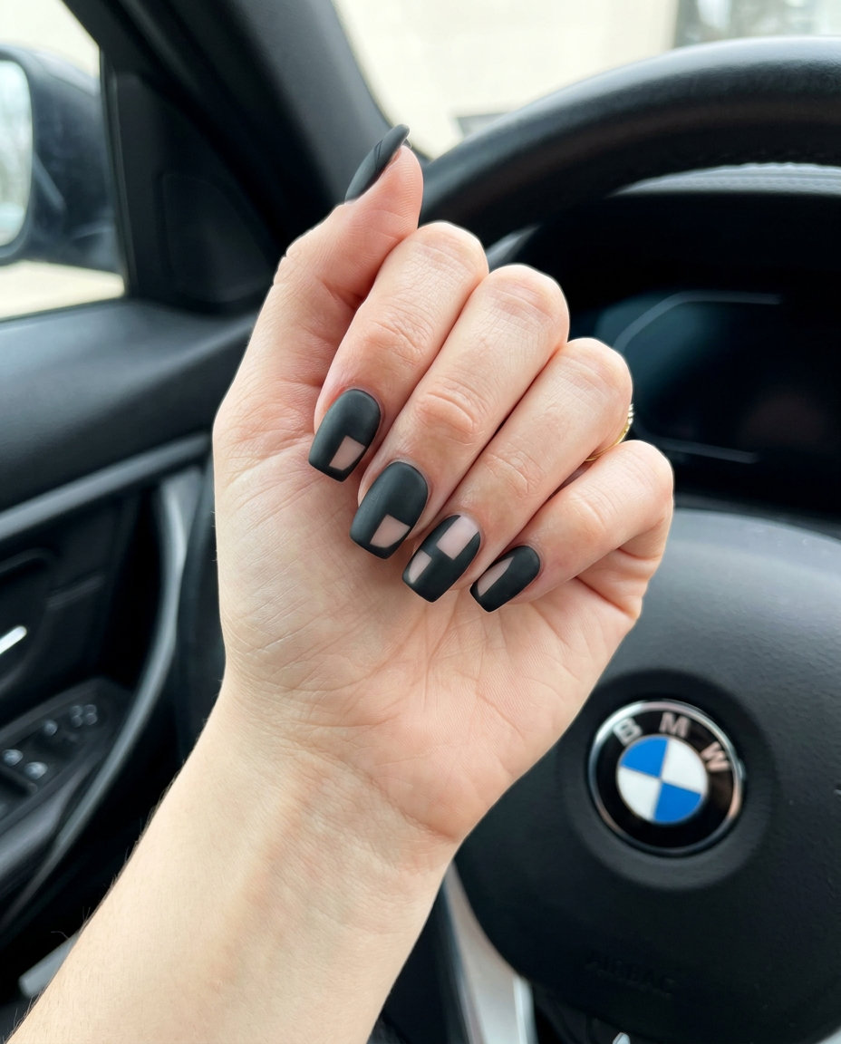 Edgy Matte Black Nails 2026: Minimalist Style Matte black nails with negative space for vibrant nails summer 2026. Edgy daily wear.