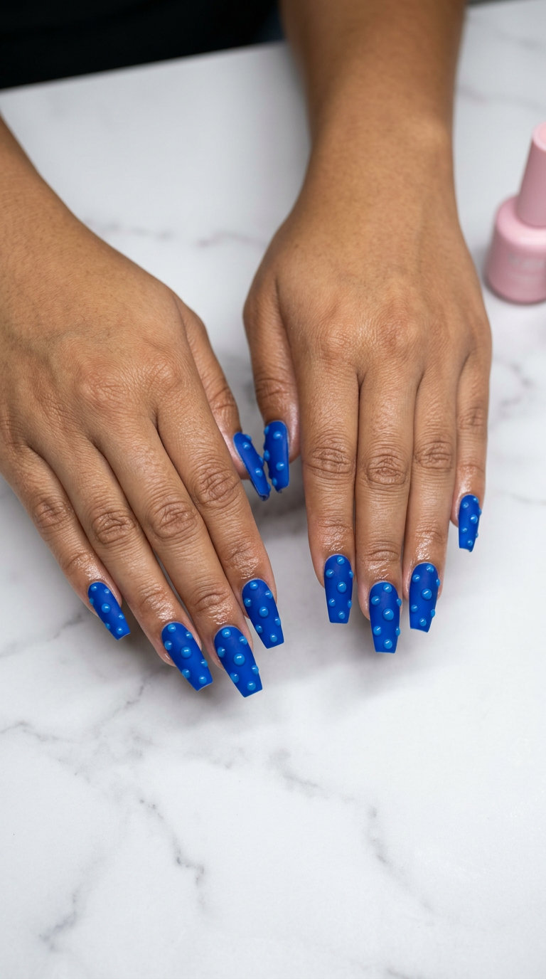 Edgy electric blue nails with raised dots for vibrant nails summer 2026. Modern, bold party look.
