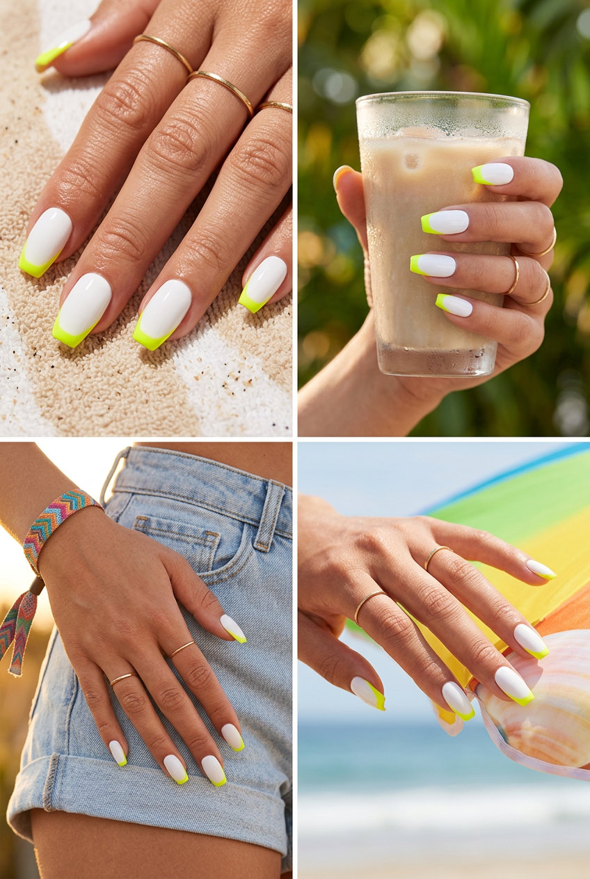 Vibrant Nails Summer 2026: Electric Neon French Electric neon yellow French tips on white base for vibrant nails summer 2026. Playful vacation style.