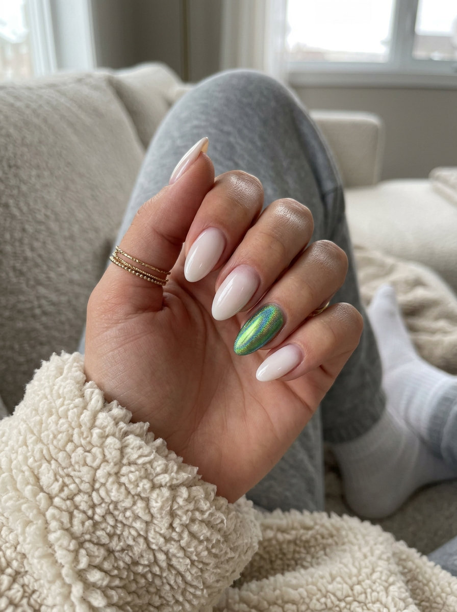 Vibrant Nails Summer 2026: Emerald Aura Accent Vibrant nails summer 2026: Bold emerald holographic accent nail with nude aura for parties.