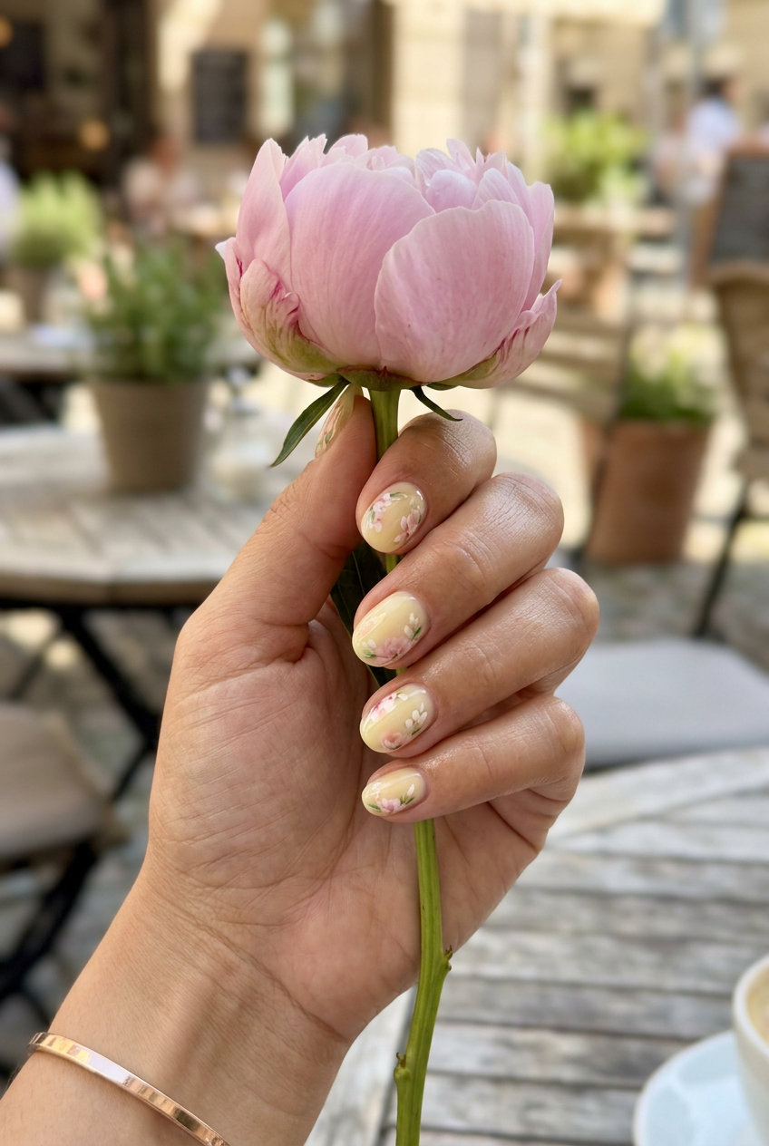 Golden Hour Florals Nails 2026: Romantic Bridal Milky yellow milk bath nails with floral art for vibrant nails summer 2026. Romantic bridal style.