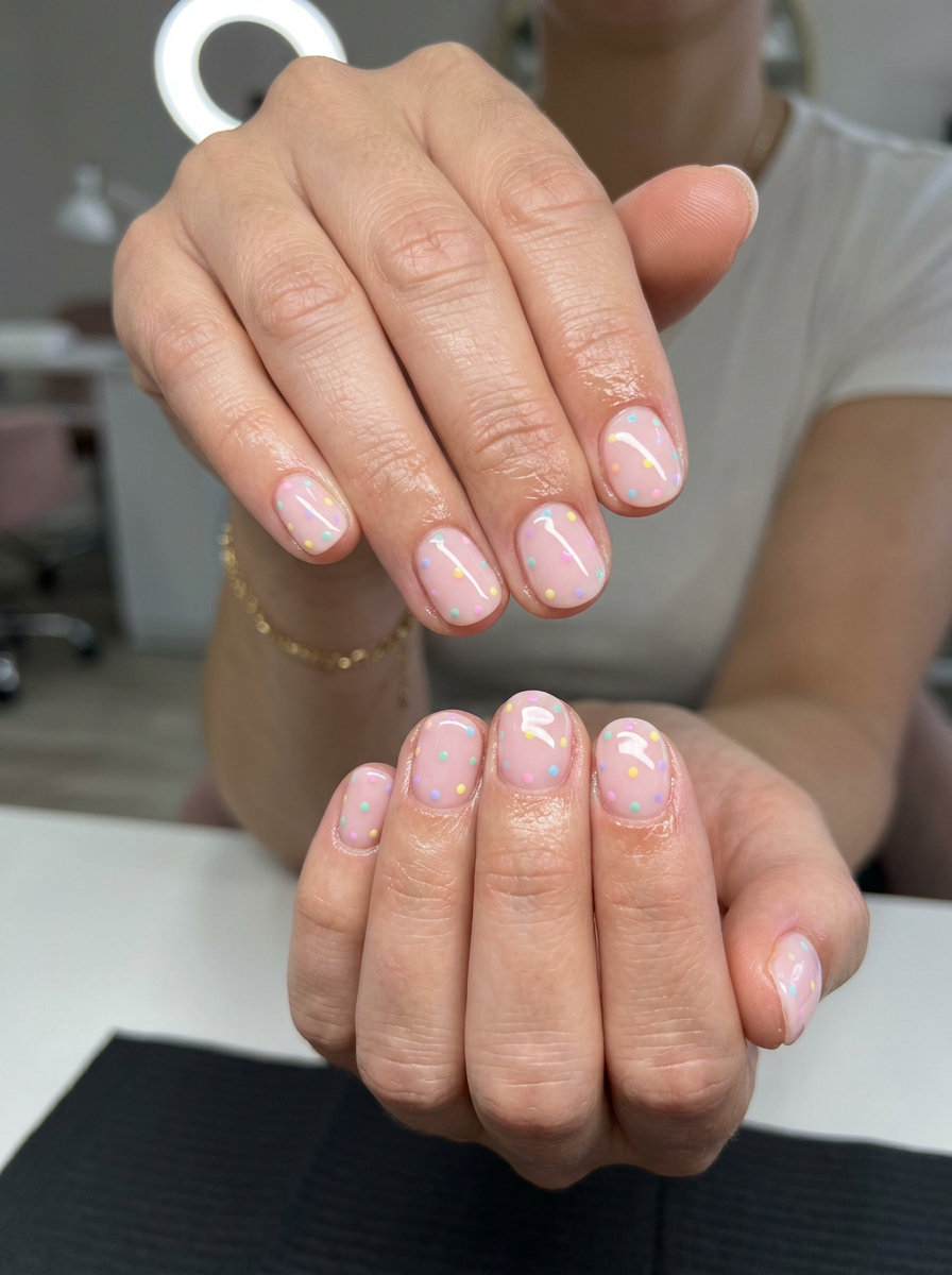 Vibrant Nails Summer 2026: Pastel Dot French Vibrant nails summer 2026: Playful pastel dots on sheer pink gel for a whimsical, casual look.