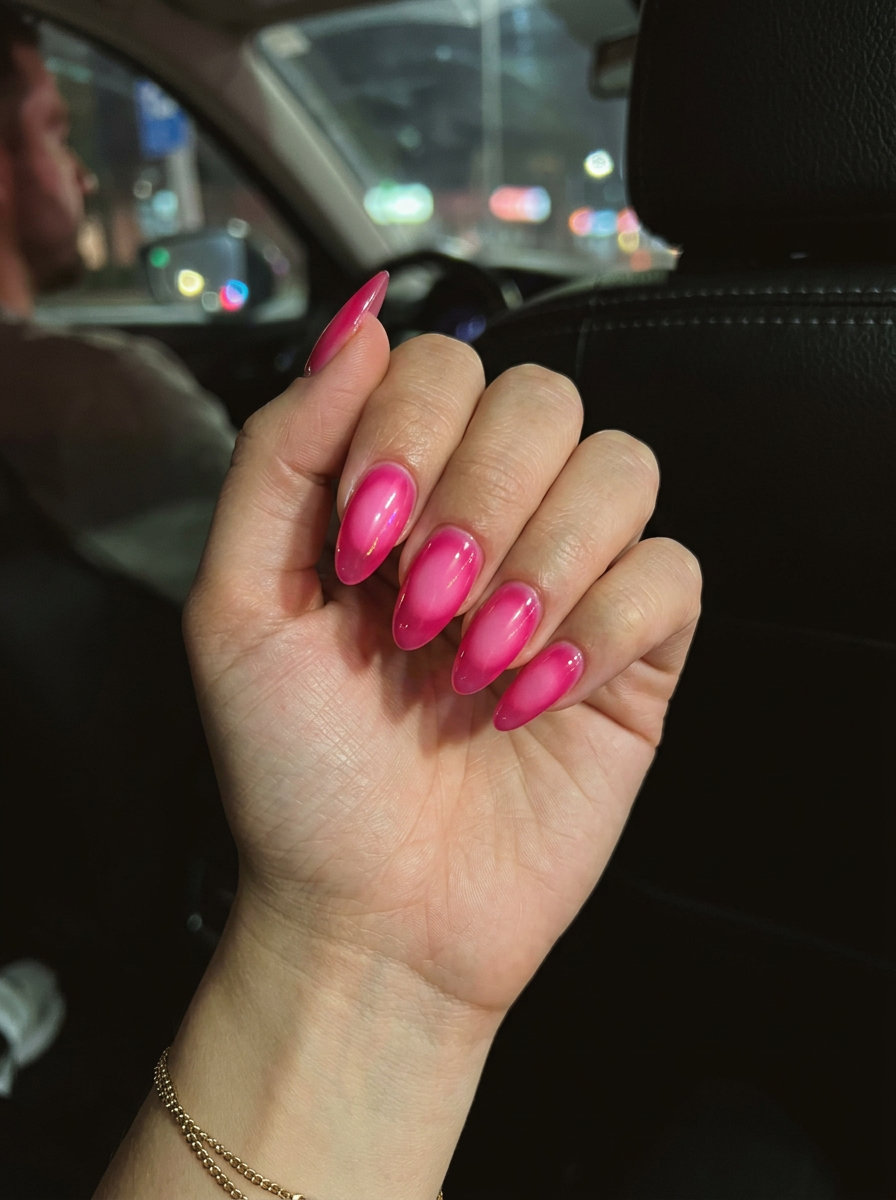 Radiant Pink Aura Nails 2026: Festival Glow Radiant pink jelly aura nails for vibrant nails summer 2026. Playful festival style.