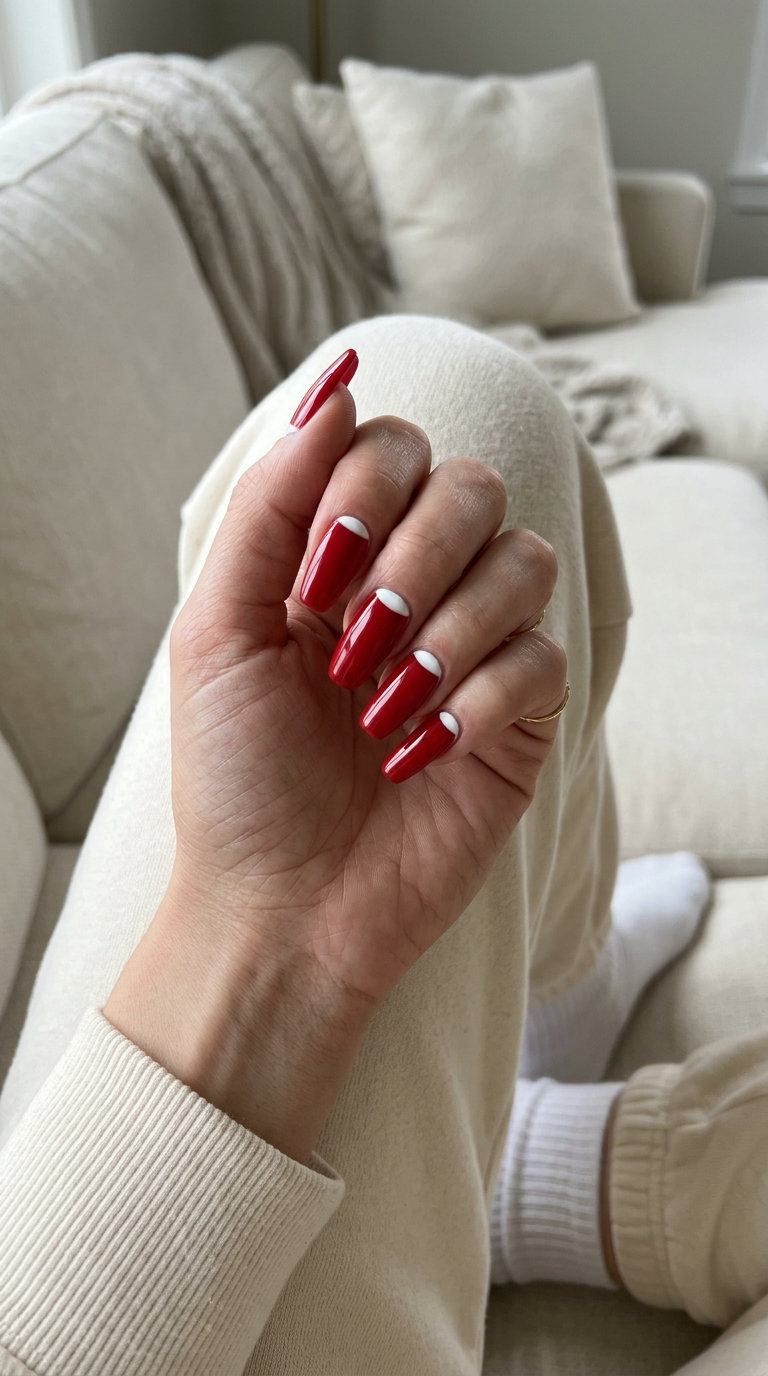 Vibrant Nails Summer 2026: Red Reverse French Vibrant nails summer 2026: Retro red reverse French with white crescent for chic style.