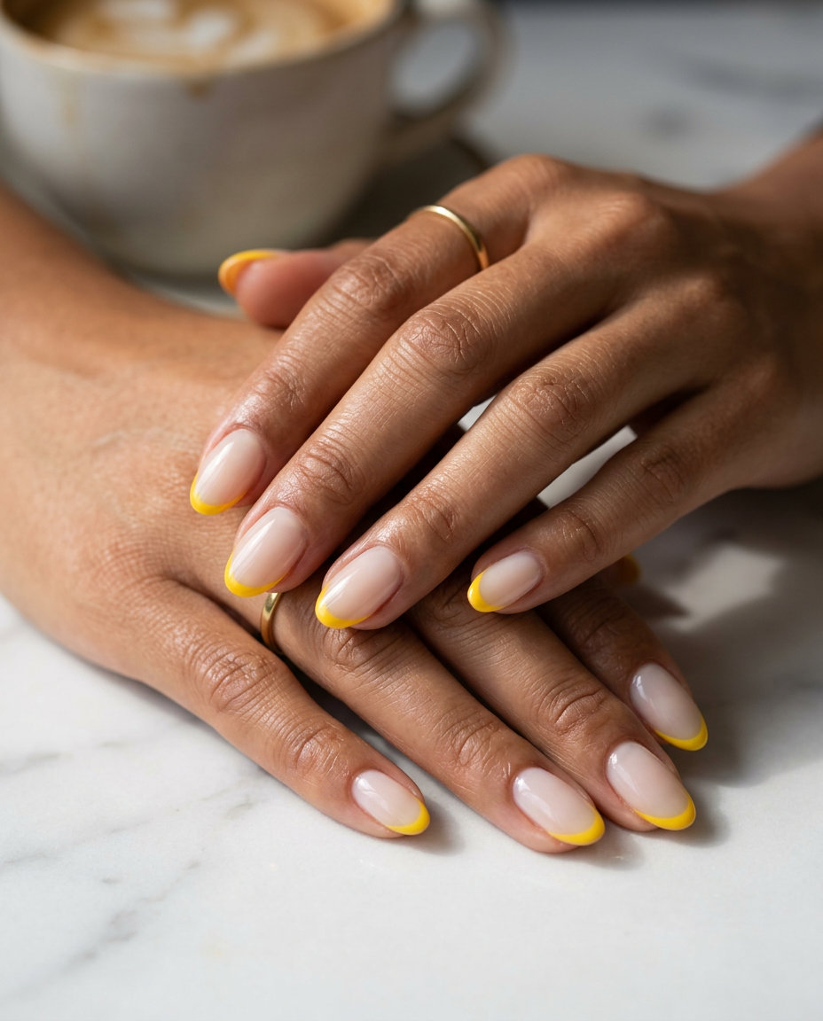 Vibrant Nails Summer 2026: Sunflower Micro French Sunflower yellow micro French tips on nude base for vibrant nails summer 2026. Clean, polished casual look.