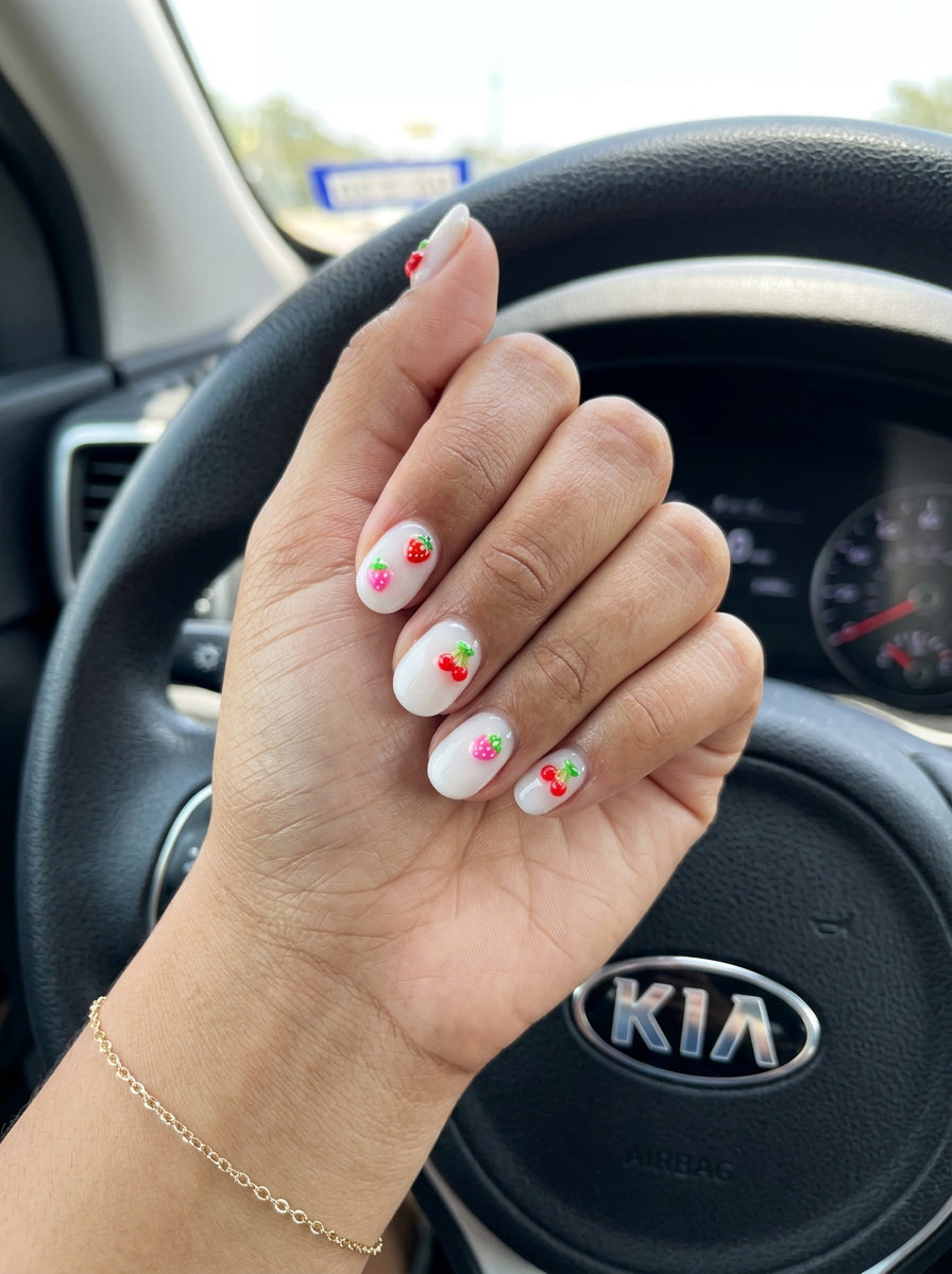 Sweet Fruit Garden Nails 2026: Vacation Whimsy Milky white nails with 3D fruit charms for vibrant nails summer 2026. Sweet vacation style.