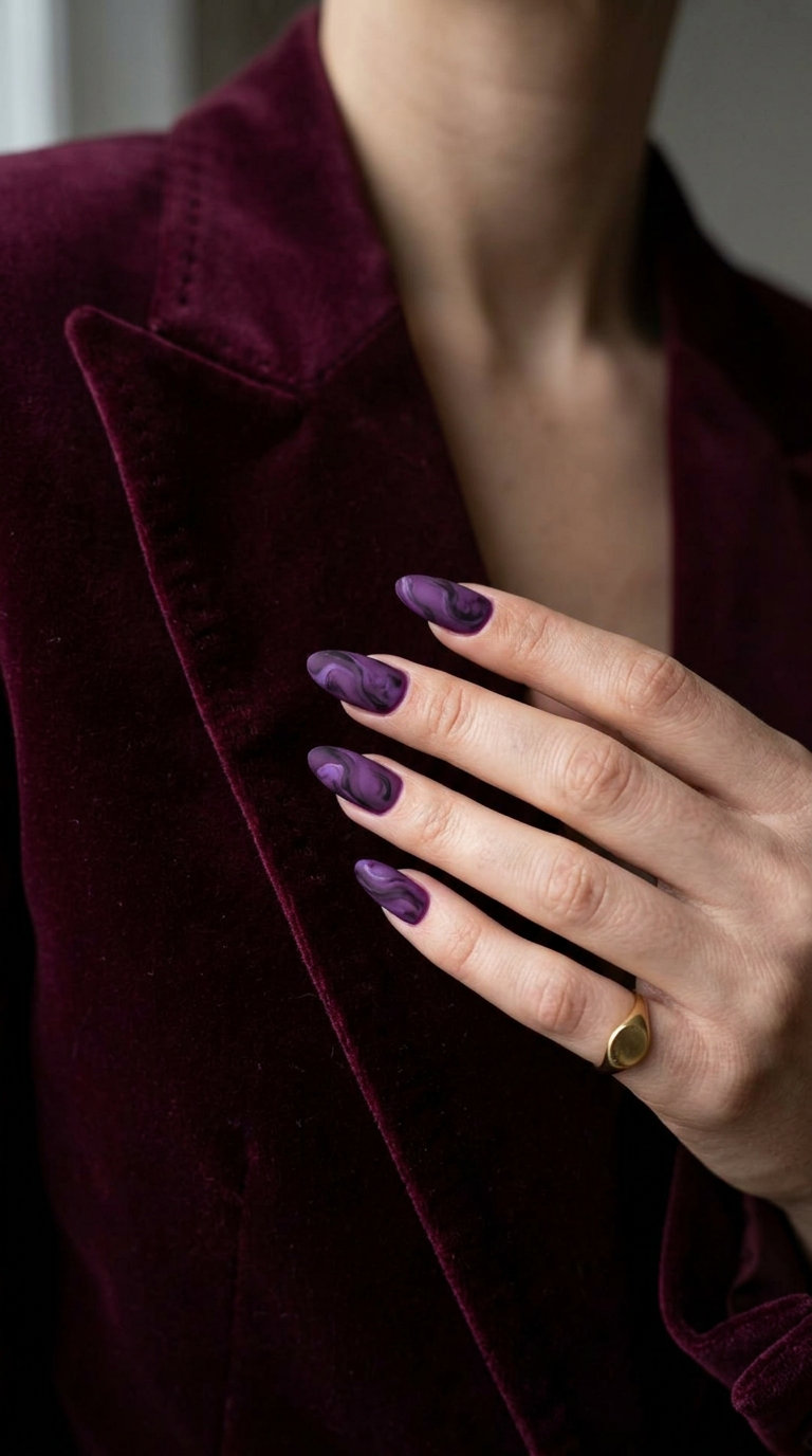 Velvet Amethyst Marble Nails 2026: Formal Elegance Velvet amethyst marble nails for vibrant nails summer 2026. Sophisticated formal event style.