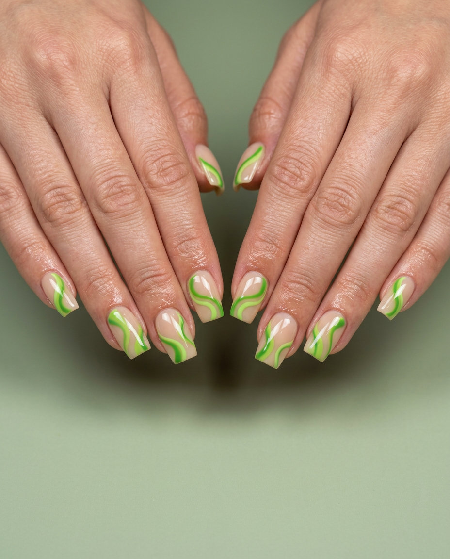 Verdant Swirl Nails 2026: Bohemian Chic Lime green abstract swirl nails on sheer base for vibrant nails summer 2026. Bohemian casual style.