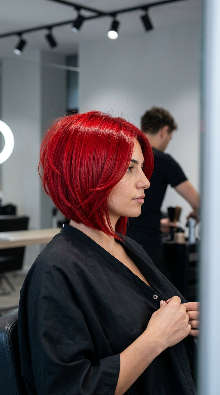 short vibrant true red butterfly haircut with razored layers and face-framing pieces for music festival