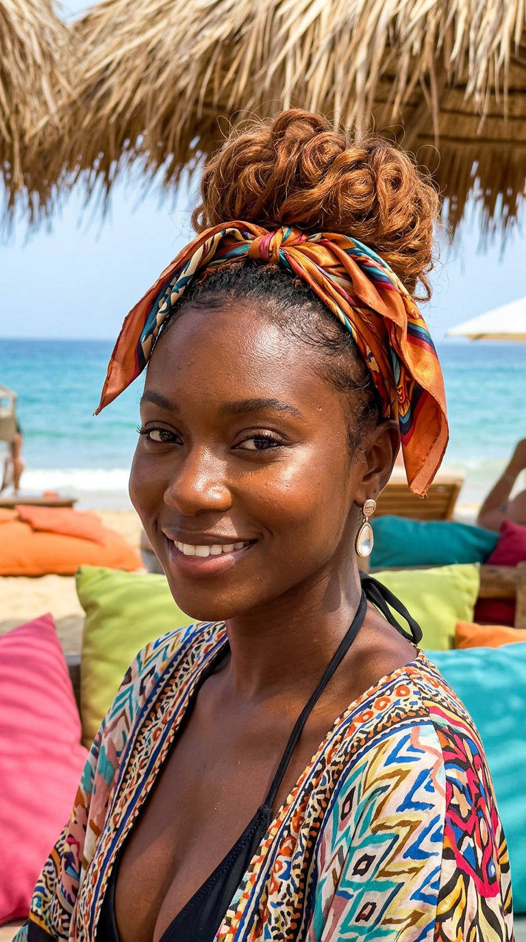 long messy bun with vibrant silk scarf for summer music festival